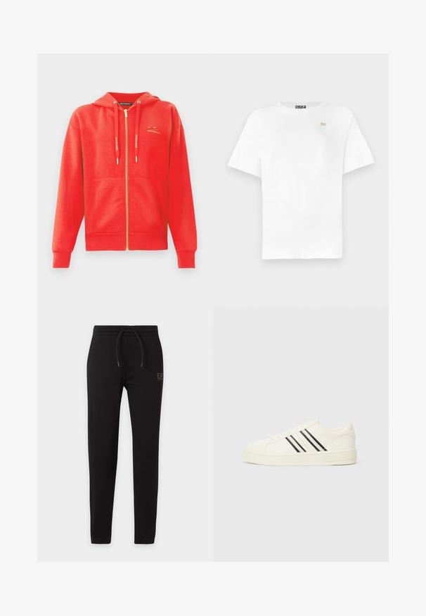 Hoodie rouge zippé avec une texture lisse, poches kangourou, capuche à cordon et logo doré en accent sur la poitrine.; T-shirt blanc en coton à manches courtes, col rond, avec un petit logo doré sur le côté gauche de la poitrine. Texture lisse, coupe décontractée.; Pantalon de survêtement noir slim avec taille élastique et cordon, avec petit logo "EA7 Emporio Armani" sur la cuisse gauche.; Baskets en toile blanches avec un bout rond, trois rayures noires et une semelle en caoutchouc texturée. Marque sur le côté et le talon.
