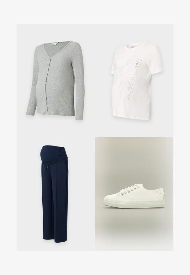 Grå ribbet graviditetscardigan med lange ærmer, V-udskæring og knaplukning foran. Blød tekstur med en tætsiddende pasform.; Hvid bomulds t-shirt med korte ærmer, der har et design af blade omrids i små metalliske studs. Rund halsudskæring, afslappet pasform.; Mørkeblå graviditetsbukser lavet af blødt stof, med en elastisk talje og justerbar snor, samt to sidelommer for ekstra bekvemmelighed.; Hvid lavtop sneaker med hvide snørebånd og gummisål vist fra siden på en neutral baggrund.