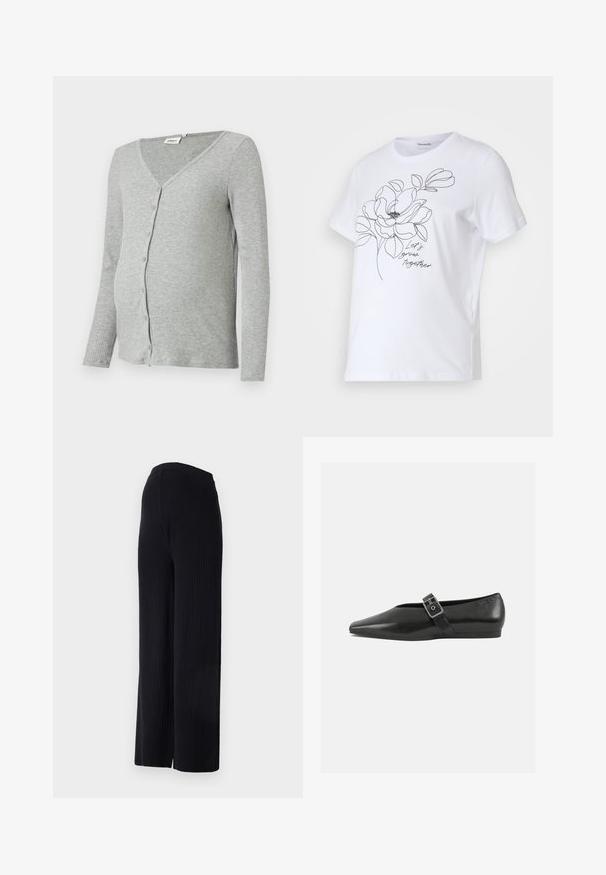 Grå ribbet graviditetscardigan med lange ærmer, V-udskæring og knaplukning foran. Blød tekstur med en tætsiddende pasform.; Hvid bomulds-t-shirt med en sort omrids tegning af en blomst og teksten "Lad os vokse sammen." Kortærmet og med rund hals.; Even&Odd Maternity by Zalando FULL LENGTH WIDE RIB PANTS M-EV4_SS22_2-1-A_011 - Wide leg - black; Sorte læder flade sko med spidse tæer, prydet med en metallisk spænde over vristen og en lav, fleksibel sål.