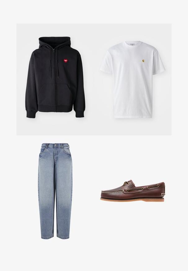 Sort zip-hoodie lavet af bomuldsblanding, med en frontlomme og et rødt hjerte-logo på venstre bryst. Glat tekstur, justerbar snørehætte.; Hvid bomulds t-shirt med korte ærmer, rund hals og et lille guld logo på venstre brystområde. Blød tekstur og almindelig pasform.; Blå high-waisted løstsiddende jeans med forlommer, bæltestropper, knaplukning og falmede detaljer langs benene.; Brun læder bådsko med hvide sømme, snøre detaljer og lysbrun gummisål, vist fra siden på hvid baggrund.