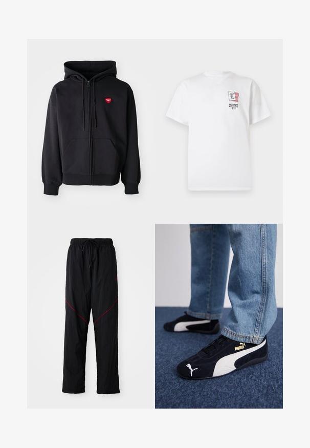 Sort zip-hoodie lavet af bomuldsblanding, med en frontlomme og et rødt hjerte-logo på venstre bryst. Glat tekstur, justerbar snørehætte.; Hvid bomuld T-shirt med korte ærmer, med et grafisk lomme-design med spillekort og teksten "Carhartt WIP" på forsiden.; Sorte atletiske bukser med en struktureret overflade, der har taljebånd, røde accentlinjer og en løs pasform.; Sorte ruskinds sneakers med hvide detaljer og et guldlogo. Båret med lyseblå denimjeans og sat på en struktureret blå overflade.