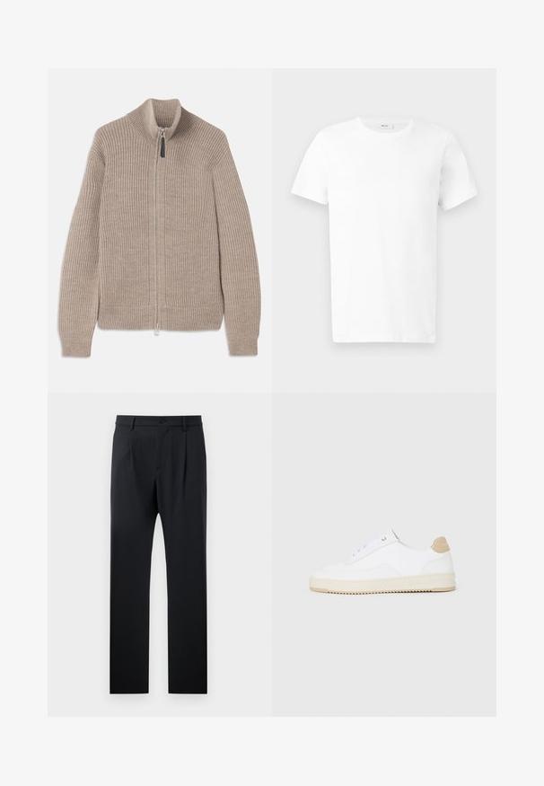 Beige strikket zip-up sweater med ribbet tekstur, høj krave og lange ærmer. Har en metallisk lynlås og ingen yderligere mønstre.; Hvid kortærmet bomulds-T-shirt med rund hals, vist fladt på en lys grå baggrund.; Sort bukser med en skræddersyet pasform, der har en glat tekstur, lige ben og en enkelt knaplukning i taljen.; Hvide lavt-op sneakers med en tekstureret læderoverdel, cremefarvet ribbet sål og en tan hælaccent. Har hvide snørebånd og logo-detalje på hælen.
