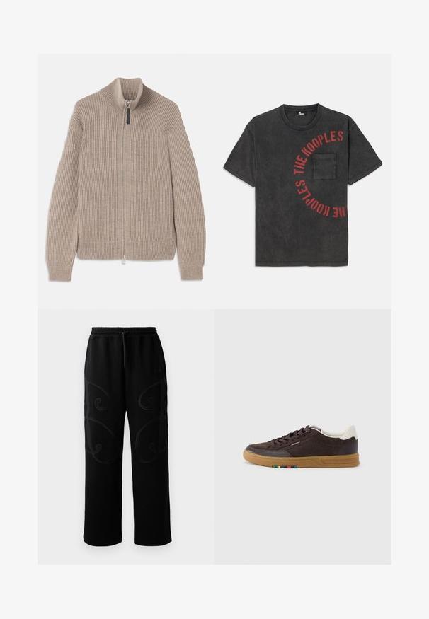 Suéter beige de punto con cremallera, textura acanalada, cuello alto y mangas largas. Presenta una cremallera metálica y sin patrones adicionales.; Camiseta de algodón negra con un gráfico redondo en texto rojo que dice "THE KOOPLES", con un bolsillo delantero y un corte relajado.; Pantalones de chándal negros con corte relajado, que presentan patrones de costura en espiral intrincados a lo largo de los laterales y una cintura elástica con cordón ajustable.; Zapatilla deportiva de ante marrón oscuro con suela de goma, lengüeta blanca en el talón, diseño con cordones y pequeño detalle multicolor en el lateral de la suela.