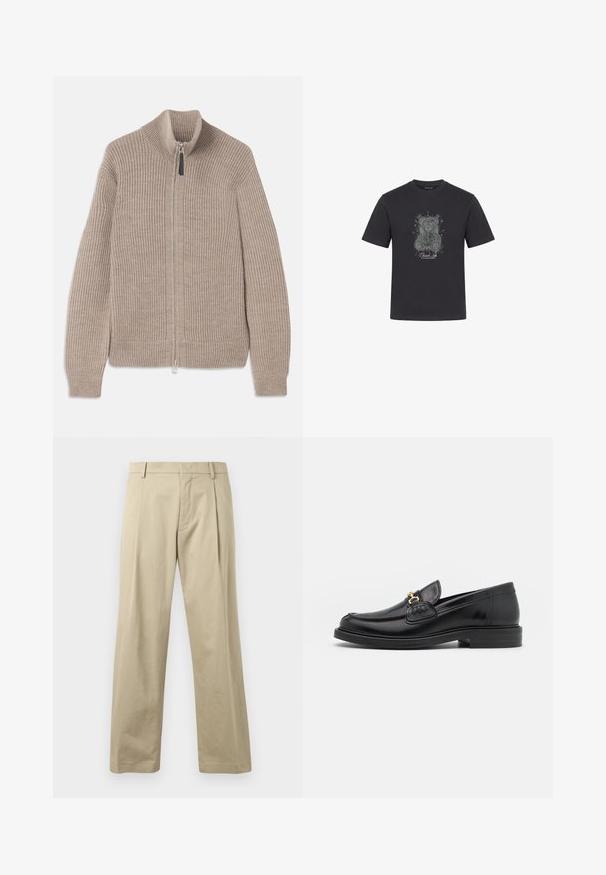 Beige strikket zip-up sweater med ribbet tekstur, høj krave og lange ærmer. Har en metallisk lynlås og ingen yderligere mønstre.; Sort t-shirt med korte ærmer med en detaljeret tegning af en bamse og teksten Closure Lion trykt under bamsen på foran i midten.; Beige bukser lavet af bomuld, med lige ben-design, frontfolder og traditionel taljeforhold. Glat tekstur, minimale detaljer.; Sorte læder loafers med en rund tå, der har guld hardware accent og syningsdetaljer, placeret på en lav, tekstureret gummisål.