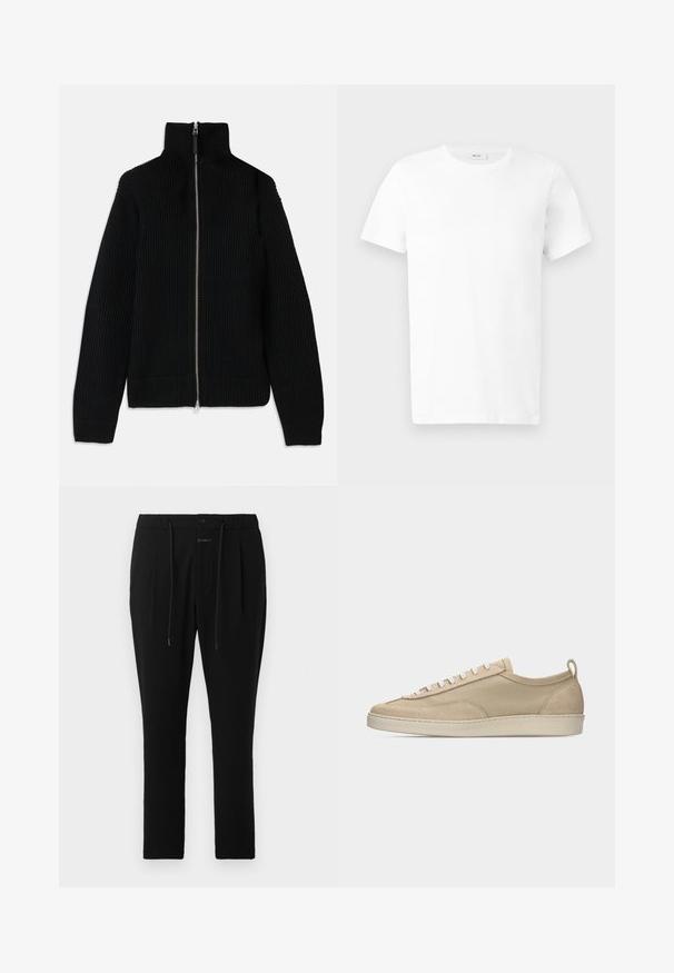 Suéter negro de punto acanalado con alto cuello, cremallera completa en la parte delantera y puños ajustados. Superficie texturizada y forma estilizada.; Camiseta blanca lisa de algodón, de manga corta y cuello redondo, mostrada estirada sobre un fondo gris claro.; CLOSED VIGO TAPERED - Pantalones chinos - dark night; Zapatilla baja beige con parte superior de tela y ante, cordones blancos, suela de goma y lengüeta en el talón, mostrada de perfil sobre fondo blanco.