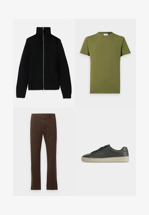 Suéter negro de punto acanalado con alto cuello, cremallera completa en la parte delantera y puños ajustados. Superficie texturizada y forma estilizada.; Camiseta de manga corta de color verde oliva, hecha de tela suave y lisa. Cuello redondo clásico, líneas limpias y sin patrones ni detalles visibles.; CLOSED CLIFTON TRUE - Pantalones chinos - espresso brown; Zapatilla baja de cuero negro con cordones negros y suela de goma color marfil, vista desde el lateral externo sobre un fondo blanco.