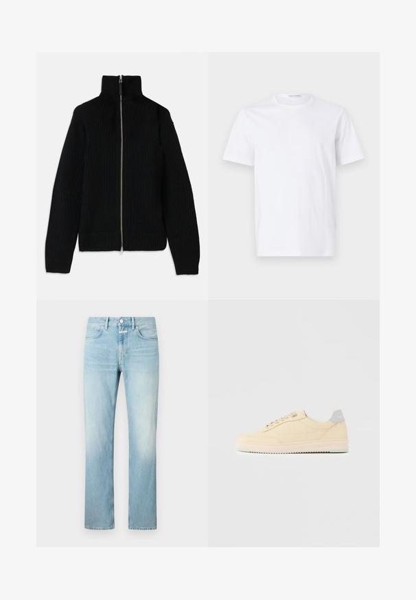 Čierny rebrovaný pletený sveter s vysokým golierom, plným zipsom na prednej strane a priliehavými manžetami. Textúrovaný povrch a aerodynamický tvar.; Biely bavlnený tričko s okrúhlym výstrihom a krátkymi rukávmi. Hladká textúra, rovný strih a minimalistický dizajn bez vzorov alebo akcentov.; Svetlomodré džínsy s rovnými nohavicami, s klasickým dizajnom piatich vreciek a so zapínaním na gombíky.; Béžová teniska s nízkym strihom, s predným zaväzovaním na šnúrky, svetloružovou podrážkou a sivým pätovým pásikom s logom „Filling Pieces“, zobrazená z profilu na jednoduchom pozadí.