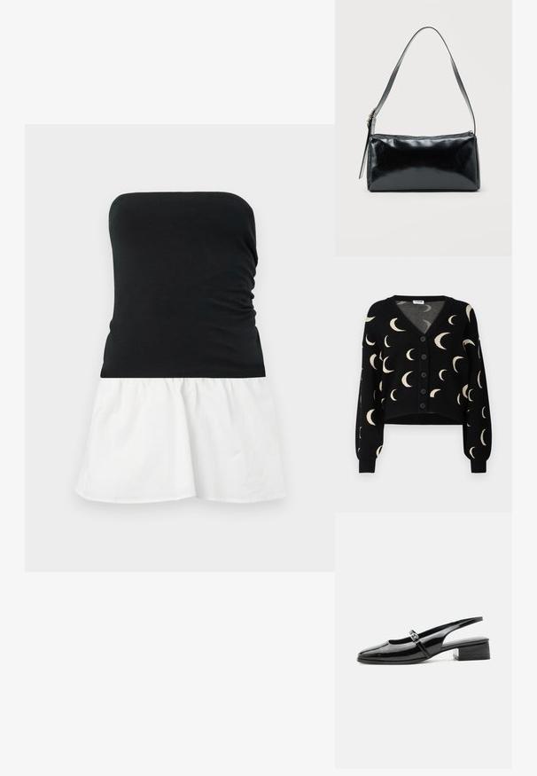 Noisy May NMCHARLOTT V-NECK CARDIGAN - Kardigán - black; Čierny top bez ramienok s nariasenou textúrou, prechádzajúci do rozšírenej bielej bavlnenej sukne. Jednoduchý dvojtónový dizajn, ľahký materiál.; Čierna lodička slingback z lesklej kože s nízkym širokým podpätkom a tenkým remienkom so striebornou prackou na vrchu.; Čierna obdĺžniková kabelka na rameno s jedným nastaviteľným remienkom a horným zipsom na jednofarebnom pozadí.