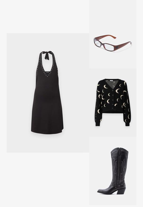 Noisy May NMCHARLOTT V-NECK CARDIGAN - Vest - black; Zwarte halterjurk met zilverkleurige eyelet-bies langs de halslijn en zijkanten, gestrikt in de nek met een strik.; Zwarte leren cowboylaarzen met een puntige neus, zichtbare stiksels, zilveren studaccenten en een ritssluiting aan de binnenkant.; Bruin getinte rechthoekige brillen met een glanzende afwerking, met slanke pootjes en doorzichtige glazen. Logo zichtbaar op de linkertempel.