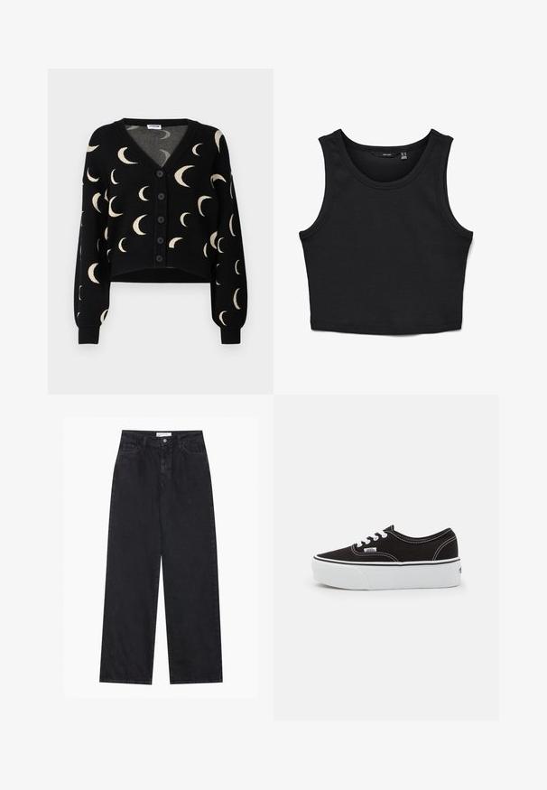 Noisy May NMCHARLOTT V-NECK CARDIGAN - Vest - black; Zwarte kortere tanktop gemaakt van ribgebreid stof. Heeft brede schouderbanden en een ronde halslijn met een slanke pasvorm.; Zwarte high-waisted spijkerbroek met wijde pijpen, frontknopen en ritssluiting, ceintuurlussen en een vijf-pocket stijl.; Zwarte canvas sneaker met een witte rubberen platformzool, voorzien van witte veters en stiksels, iconische branding op de zijkant, low-top ontwerp.