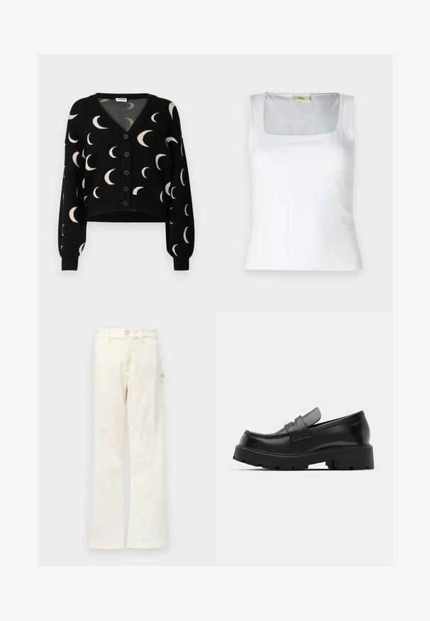 Noisy May NMCHARLOTT V-NECK CARDIGAN - Kardigán - black; Biele tielko s štvorecovým výstrihom vyrobené z hladkej látky. Má široké ramienka a priliehavý strih. Bez viditeľných vzorov alebo ozdôb.; Good American GOOD 90S CARPENTER - Široké nohavice - white denim; Čierne kožené mokasíny s hrubou štruktúrovanou podrážkou, so strapcom cez priehlavok a hladkým, lesklým povrchom.