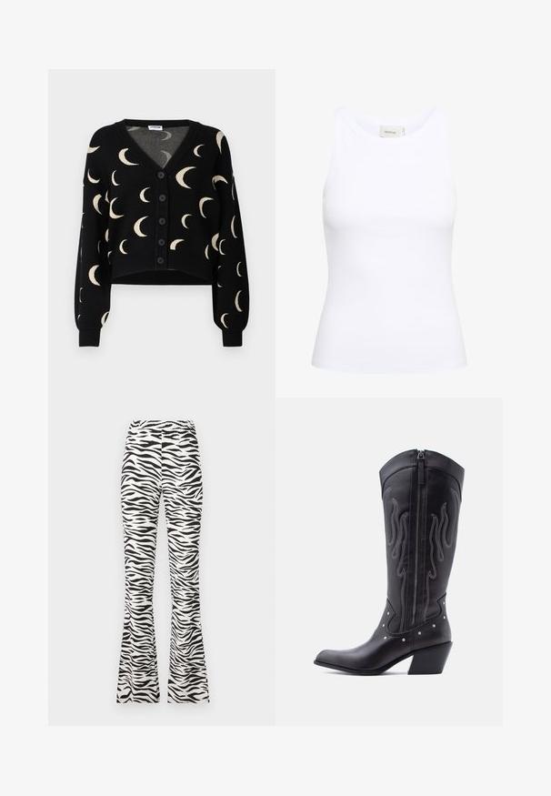 Noisy May NMCHARLOTT V-NECK CARDIGAN - Vest - black; Witte geribde tanktop met een ronde halslijn en zonder mouwen. Rekbaar materiaal en een aansluitend ontwerp. Het label op de achterkant zegt "GESTUZ."; Zwart-witte flared pants met een zebraprint patroon, gemaakt van een lichte stof met een elastische tailleband voor comfort.; Zwarte leren cowboylaarzen met een puntige neus, zichtbare stiksels, zilveren studaccenten en een ritssluiting aan de binnenkant.