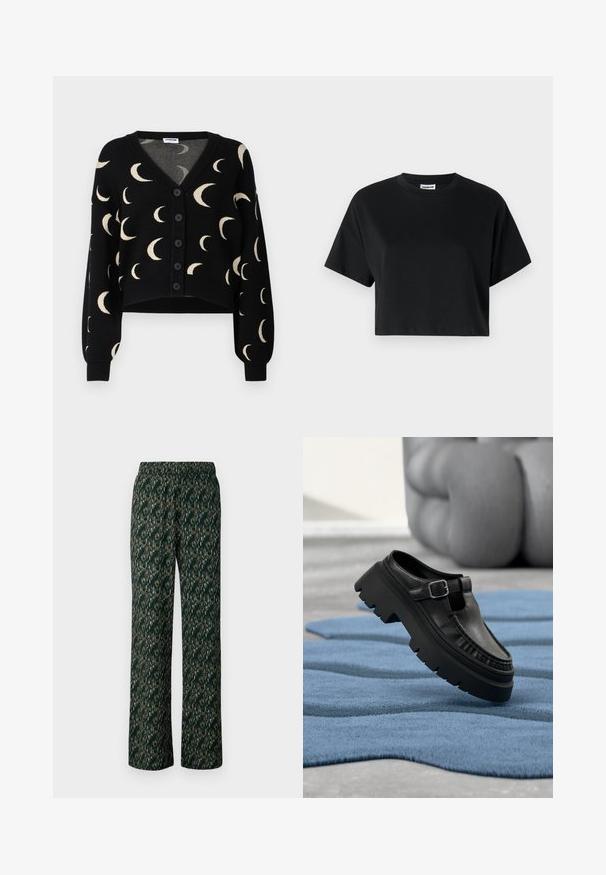 Noisy May NMCHARLOTT V-NECK CARDIGAN - Kardigán - black; Čierne skrátené tričko s krátkymi rukávmi a okrúhlym výstrihom, vyrobené z hladkej bavlnenej látky, s minimalistickým dizajnom a jemnými švovými detailmi.; Široké nohavice z tmavozelenej látky s zložitým, viacfarebným vzorom. Majú elastický pás pre maximálne pohodlie.; Čierny kožený mokasín s robustnou podrážkou a striebornou prackou, umiestnený šikmo na textúrovanom modrom koberci.
