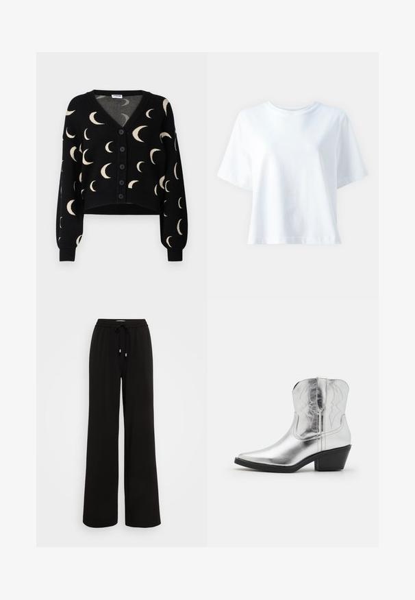 Noisy May NMCHARLOTT V-NECK CARDIGAN - Chaqueta de punto - black; Camiseta de algodón blanca con cuello redondo, mangas cortas, ajuste relajado y textura suave. Sin patrones ni acentos visibles.; Pantalones de chándal anchos y negros, hechos de tela suave, con una cinturilla elástica que incluye un cordón y extremos de metal.; Botas de vaquero de cuero plateado con puntera afilada, detalles bordados en el eje y un tacón negro moderado. Superficie lisa y brillante.