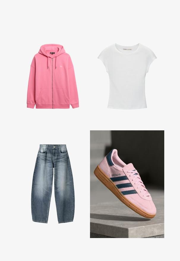 Haut à fermeture éclair rose en coton, doté d'une capuche avec cordon de serrage, de deux poches avant et d'un petit logo sur la poitrine. Texture lisse.; T-shirt en coton blanc avec manches courtes retroussées, encolure ronde et ourlet droit. Texture lisse sans motifs ni accents visibles.; Jean large en denim bleu clair avec décoloration, présentant un design à cinq poches, un bouton de fermeture et des détails de couture minimaux.; Baskets en daim rose clair avec trois rayures bleu marine, semelle en caoutchouc et lacets rose clair. Présente un logo "SPEZIAL" sur le côté.
