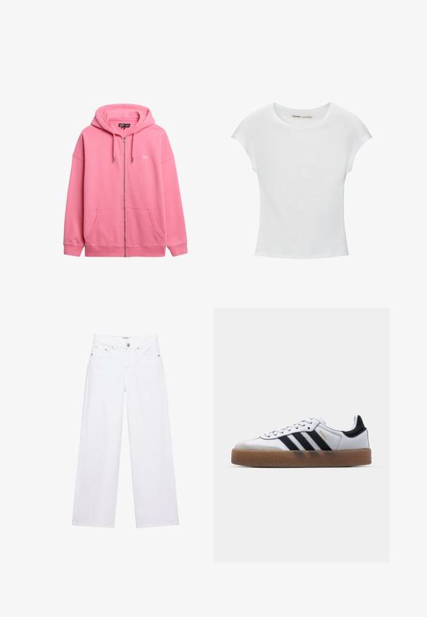 Lyserød zip-up hættetrøje lavet af bomuld, med snøre hætte, to frontlommer og et lille logo på brystet. Glat tekstur.; Hvid bomuld t-shirt med korte, opsmøgede ærmer, rund halsudskæring og lige kant. Glat tekstur uden synlige mønstre eller detaljer.; Hvide jeans med høj talje og vide ben med knap- og lynlåslukning, for- og baglommer samt sølvfarvede nitter som detaljer.; Hvide lædersneakers med sorte striber, gummirubber sål, rund tå, snørelukning og blød grå ruskinds tåhætte.