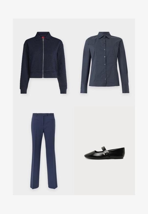 Veste matelassée bleu marine avec fermeture éclair complète devant, col, manches longues et poignets ajustés, courte à la taille.; Chemise gris foncé à manches longues avec col pointu et coutures ajustées, présentée sur un fond blanc.; Pantalon bleu marine à jambes droites, avec une texture lisse, des passants pour ceinture et deux poches avant.; Chaussure plate Mary Jane en cuir noir avec bout arrondi et bride à boucle argentée sur fond uni.