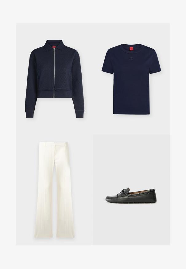 Veste matelassée bleu marine avec fermeture éclair complète devant, col, manches longues et poignets ajustés, courte à la taille.; T-shirt bleu marine à manches courtes et col rond avec un logo "HUGO" discrètement embossé sur la poitrine et une étiquette rouge à l'intérieur du col.; Pantalon blanc taille haute, à jambes larges, avec plis sur le devant, passants pour ceinture et fermeture éclair dissimulée à l'avant.; Bateau en cuir noir avec un bout arrondi, des détails de couture, un petit accent en nœud et une semelle en caoutchouc. Texture lisse et design épuré.