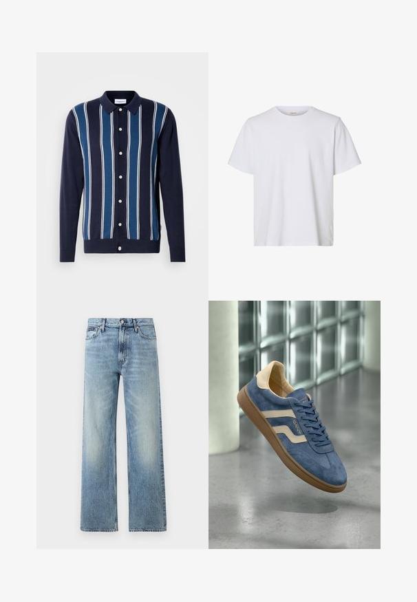 Polo de manga larga en azul marino con rayas alternas finas y gruesas en azul y blanco. Cuenta con un cierre de botones en la parte delantera y un cuello clásico.; Camiseta blanca lisa de manga corta con cuello redondo, ajuste regular y textura de tela suave, presentada sobre un fondo blanco.; Vaqueros de mezclilla azul claro de corte recto con cintura alta, cinco bolsillos, cierre de botón y sutil desgaste en los muslos y las rodillas.; Zapatilla de ante azul con rayas beige, suela marrón y cordones, flotando en interiores sobre un suelo de hormigón pulido cerca de bloques de vidrio.