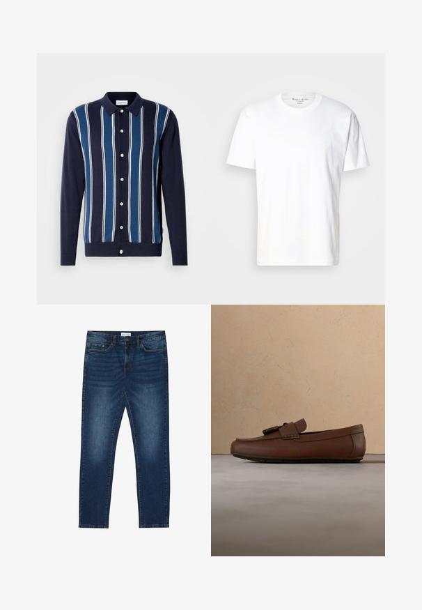 Polo de manga larga en azul marino con rayas alternas finas y gruesas en azul y blanco. Cuenta con un cierre de botones en la parte delantera y un cuello clásico.; Camiseta de algodón blanca con cuello redondo y mangas cortas. Presenta un pequeño detalle del logo en el frente. Textura suave y corte casual.; Vaqueros ajustados de color azul oscuro con detalles desgastados, diseño clásico de cinco bolsillos, cierre de botón y presillas para cinturón.; Mocasín de cuero marrón con detalle de borlas, descansando sobre una alfombra beige texturizada frente a un sofá de color arena claro.