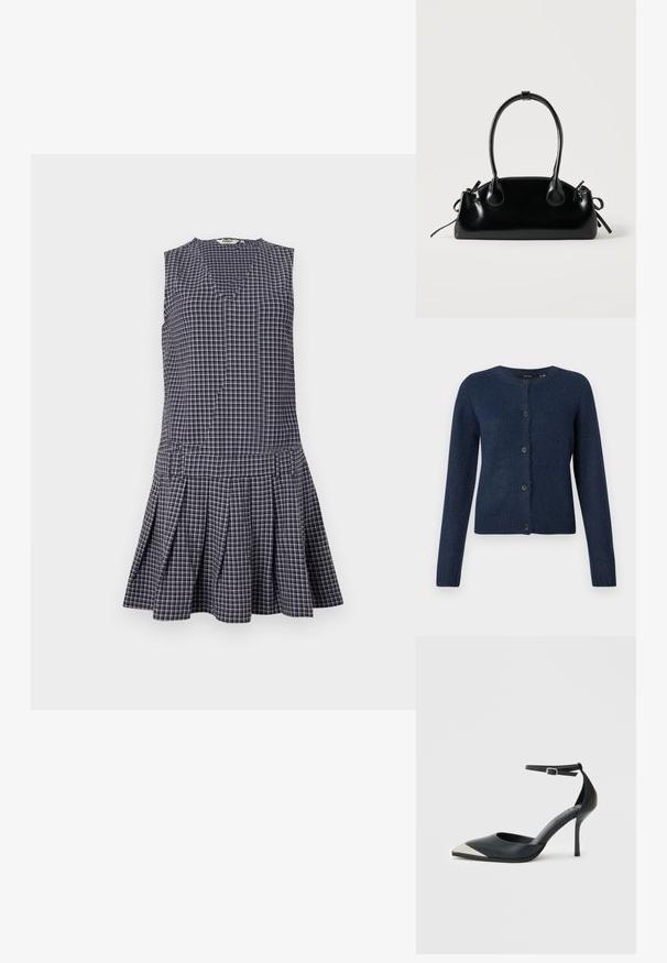 Gilet bleu marine en tissu doux et texturé, avec un col rond, des manches longues et six boutons noirs sur le devant.; Robe à carreaux bleu marine avec un décolleté en V, sans manches, jupe plissée et taille structurée. Fabriquée en tissu léger.; Chaussure à talon haut noire à bout pointu avec embout métallique argenté et bride à la cheville avec fermeture à boucle sur fond blanc.; Petit sac à main noir brillant avec deux longues anses et des détails à cordon sur les côtés sur un fond clair uni.