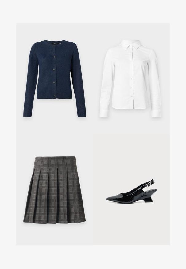 Gilet bleu marine en tissu doux et texturé, avec un col rond, des manches longues et six boutons noirs sur le devant.; Chemise blanche à manches longues avec boutons, col pointu, ourlet droit et silhouette ajustée, présentée sur un fond clair uni.; Jupe plissée à motif écossais gris, fabriquée à partir d'un tissu texturé. Elle présente des plis verticaux et un ourlet droit.; Chaussure slingback en cuir verni noir avec bout pointu et petit talon bloc incliné sur fond clair uni.
