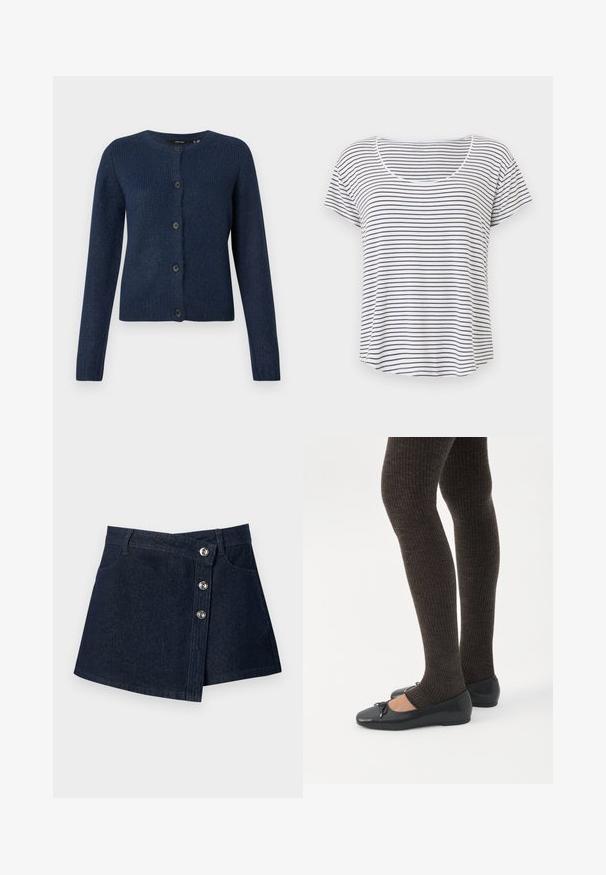 Marineblauwe cardigan van zacht, gestructureerd stof, met een ronde halslijn, lange mouwen en zes zwarte knopen aan de voorkant.; Wit T-shirt met korte mouwen met dunne zwarte horizontale strepen en een ronde hals, getoond tegen een effen witte achtergrond.; Donkerblauwe denim minirok met asymmetrische voorkant, zilverkleurige knoopsluitingen, riemlussen en steekzakken vooraan op effen achtergrond.; Benen met donkere geribbelde leggings gecombineerd met zwarte ballerina's met kleine strikdetails op een witte achtergrond.