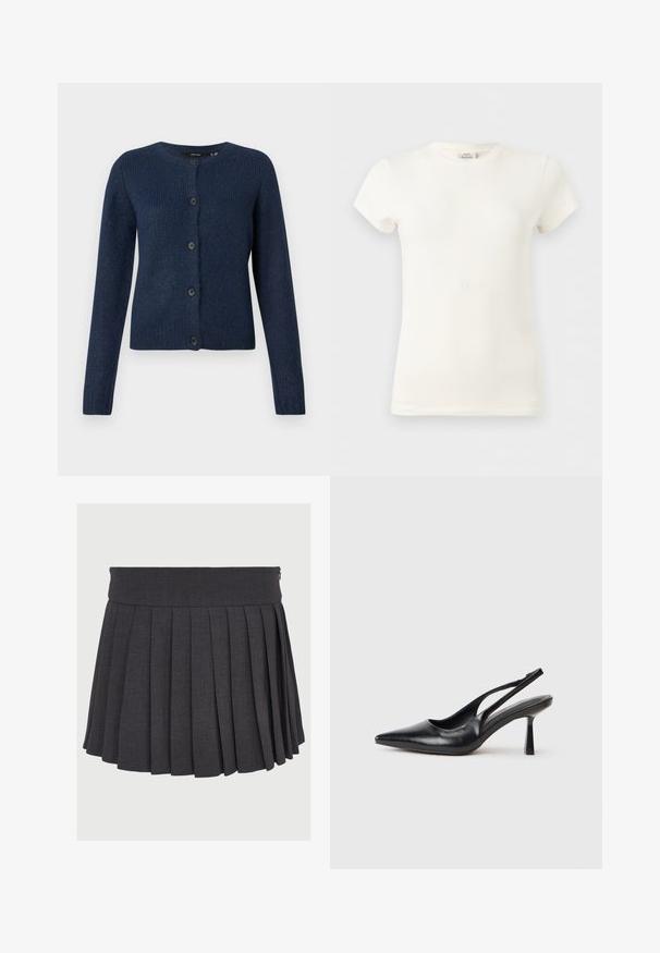 Cárdigan azul marino hecho de una suave tela texturizada, con un cuello redondo, mangas largas y seis botones negros en la parte delantera.; Camiseta de algodón blanca lisa de manga corta y cuello redondo, mostrada sobre un fondo gris claro.; Falda gris con pliegues, con una cinturilla plana y cierre de cremallera, hecha de una tela texturizada, que presenta pliegues profundos de espaciado uniforme.; Zapato de tacón alto negro de cuero con puntera afilada y tacón delgado sobre un fondo blanco.