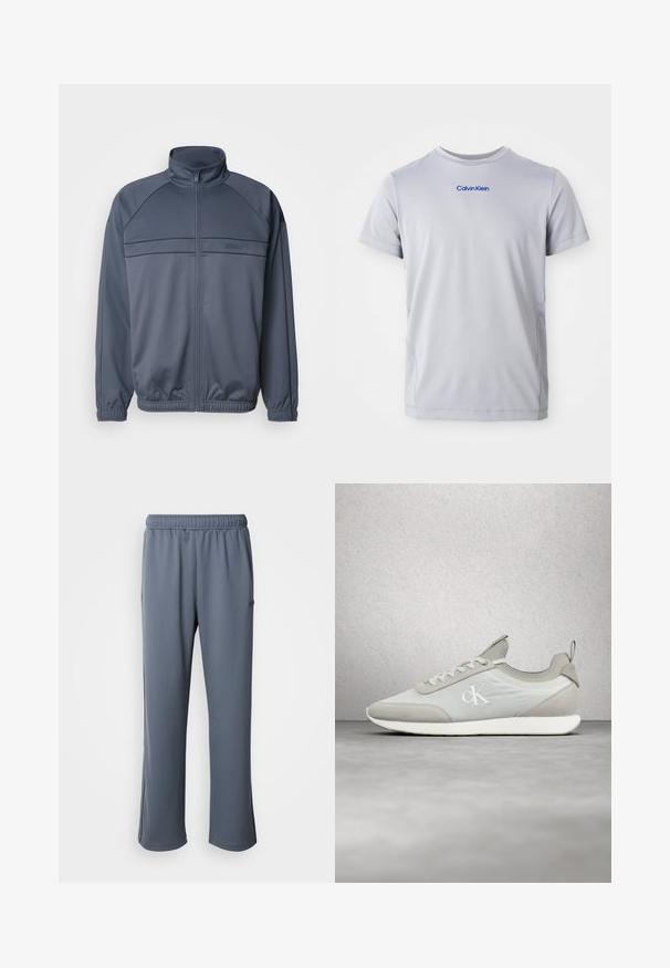 Gepolsterte Trainingsjacke aus dunkelgrauem Stoff mit Stehkragen, gerippten Bündchen und einer Brustdekoration mit horizontalen Linien.; Hellgraues T-Shirt mit kurzen Ärmeln aus strukturiertem Stoff, mit einem blauen "Calvin Klein"-Logo über der Brust. Rundhalsausschnitt, reguläre Passform.; Grau sweatpants mit einem elastischen Bund, Seitentaschen und einer lockeren Passform. Hergestellt aus weichem Stoff mit einer glatten Textur und ohne sichtbare Muster.; Weißer und beiger Schnürschuh mit "ck"-Logo an der Seite, schwebend vor einem unscharfen, modernen Glas- und Betonhintergrund dargestellt.