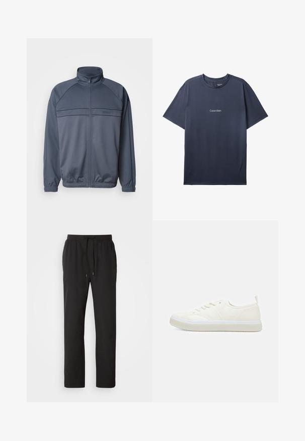 Gepolsterte Trainingsjacke aus dunkelgrauem Stoff mit Stehkragen, gerippten Bündchen und einer Brustdekoration mit horizontalen Linien.; Marineblaues Calvin Klein T-Shirt mit kurzen Ärmeln, Rundhalsausschnitt und kleinem weißen Logo mittig auf der Brust.; Schwarze Jogginghosen aus leichtem Stoff, mit einem elastischen Bund und verstellbaren Kordeln sowie Seitentaschen. Glatte Textur.; Calvin Klein TOP LACE UP UNIFIT - Sneaker low - salt bay