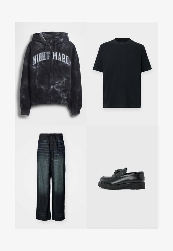 Sort tie-dye hættejakke med lynlås og teksten "NIGHT MARE" i hvid tværs over brystet, med hætte og frontlomme. Tekstureret stof.; Sort t-shirt med korte ærmer og rund hals, lavet af blød bomuld. Simpelt design uden mønstre eller pynt.; Bredde benbukser i mørk denim med en gradvis falmning. Har en elastisk talje med snor. Glat tekstur med subtile slidmønstre.; Sort læderloafer med kvaster, tyk gummisål og lav hæl, vist i sideprofil på en ensfarvet baggrund.