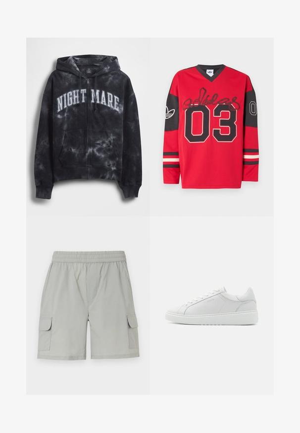 Sweat à capuche zippé tie-dye noir avec le texte "NIGHT MARE" en blanc sur la poitrine, doté d'une capuche et d'une poche avant. Tissu texturé.; Maillot de sport à manches longues rouge et noir avec le numéro "03" en grands chiffres, logo Adidas sur les manches, et texte en style signature sur la poitrine.; Shorts cargo gris clair avec une taille élastique, deux poches latérales et deux poches cargo avec rabats pour une utilité accrue.; Baskets blanches en cuir avec une texture lisse, bout rond, design bas et branding subtil sur le côté. Collier rembourré et lacets.