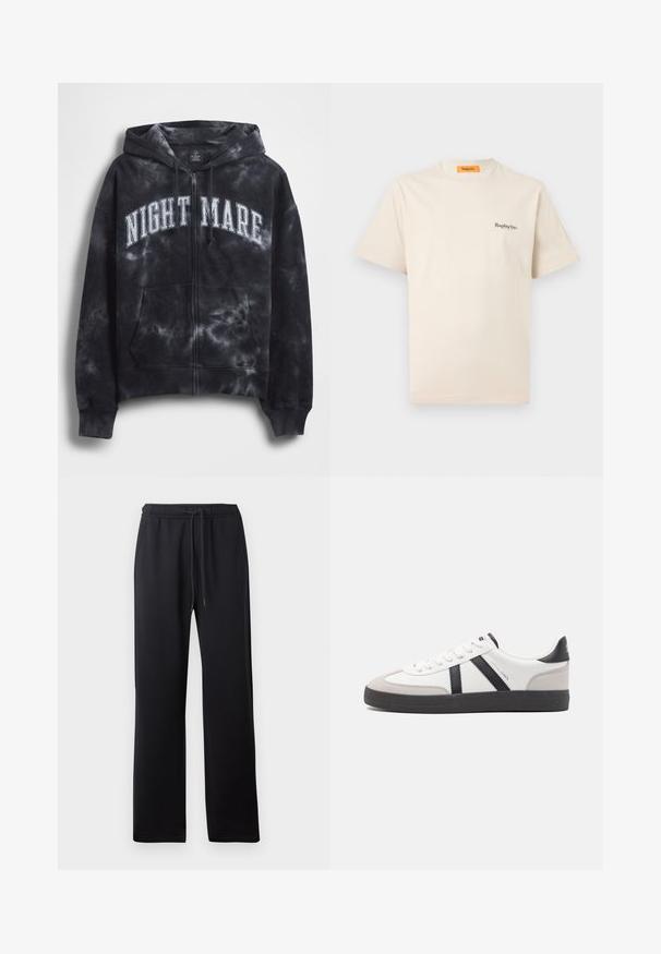Sort tie-dye hættejakke med lynlås og teksten "NIGHT MARE" i hvid tværs over brystet, med hætte og frontlomme. Tekstureret stof.; Replay Inc. ESSENTIAL LOGO UNISEX - T-shirts basic - ivory; Abercrombie & Fitch ESSENTIAL BAGGY OPEN HEM CASUAL - Træningsbukser - black; Hvide sneakers med sorte og grå detaljer, med en tekstureret grå tåhætte, sort gummisål og flade hvide snørebånd. Rent design, minimalistisk stil.
