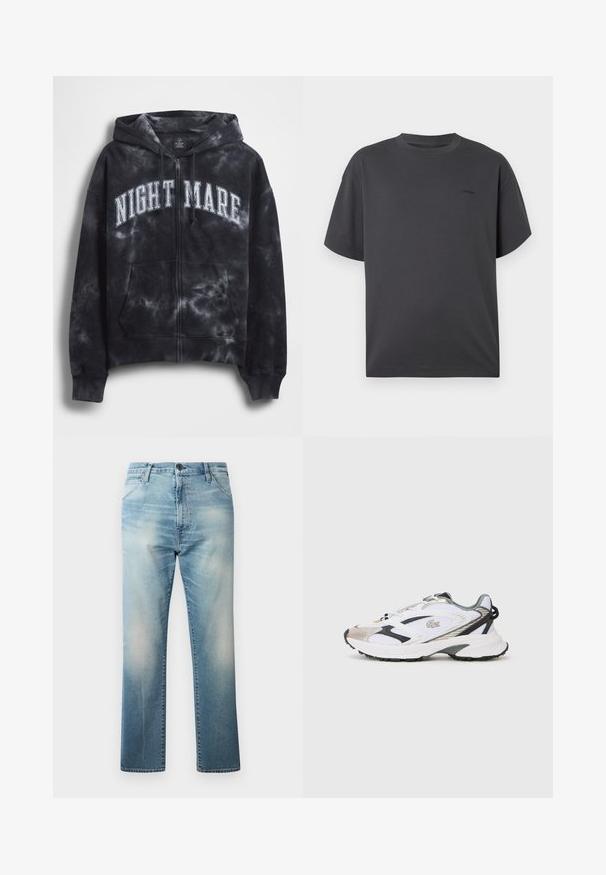 Sort tie-dye hættejakke med lynlås og teksten "NIGHT MARE" i hvid tværs over brystet, med hætte og frontlomme. Tekstureret stof.; Mørkegrå kortærmet t-shirt med rund hals og diskret lille logo på venstre bryst, vist på hvid baggrund.; Replay WAINE PANTS - Jeans Relaxed Fit - light blue; Hvide sportsko med sølv- og sorte detaljer, mesh-overdel, struktureret sål og et strømlinet design med et logo på siden.
