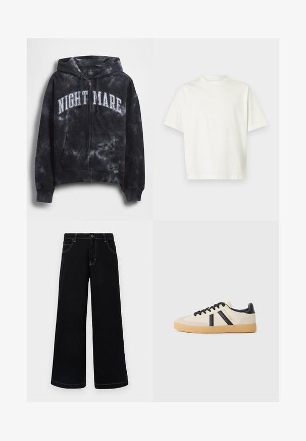 Zwarte tie-dye zip-up hoodie met de tekst "NIGHT MARE" in wit over de borst, voorzien van een capuchon en een zak aan de voorkant. Gestructureerde stof.; T-shirt met korte mouwen, effen wit, losvallend model en een ronde hals, getoond op een lichtgrijze achtergrond.; Zwarte wijde spijkerbroek met knoopsluiting, vijf zakken en contrasterende witte stiksels langs de naden.; Casual sneakers in crème met zwarte strepen, voorzien van een gestructureerde bovenkant en een gumrubberen zool. Veters zijn zwart. Subtiel logo aan de zijkant.