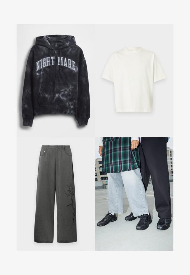 Zwarte tie-dye zip-up hoodie met de tekst "NIGHT MARE" in wit over de borst, voorzien van een capuchon en een zak aan de voorkant. Gestructureerde stof.; T-shirt met korte mouwen, effen wit, losvallend model en een ronde hals, getoond op een lichtgrijze achtergrond.; Brede, gestreepte broek in donkergrijs stof, met voorzakken en een zwarte decoratieve print aan de linkerkant.; Zwarte sportieve schoenen met mesh- en rubberaccenten. Draagt een lichtgrijze wijde spijkerbroek en een groen geruit shirt. Effen achtergrond.
