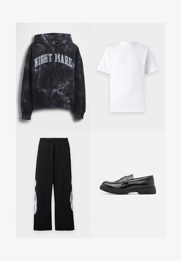 Sort tie-dye hættejakke med lynlås og teksten "NIGHT MARE" i hvid tværs over brystet, med hætte og frontlomme. Tekstureret stof.; Hvid kortærmet t-shirt lavet af bomuld med rund hals, der har en glat tekstur og et simpelt design uden mønstre eller accenter.; Sorte joggingbukser med elastisk talje, sidelommer og stort hvidt grafisk motiv på ydersiden af benet. Bomuldsmateriale, løs pasform.; Sort læder loafersko med en bred rem over forfoden, gummisål med tykke mønstre og glat overflade. Klassisk, slankt design.