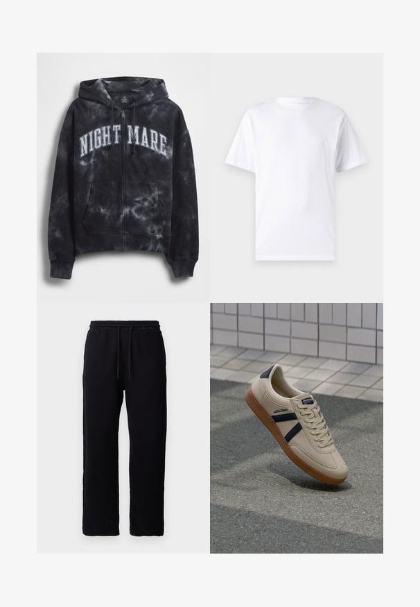 Schwarz batikfarbener Zip-Hoodie mit weißem "NIGHT MARE"-Schriftzug auf der Brust, mit Kapuze und Fronttasche. Strukturierter Stoff.; Weißes kurzärmeliges T-Shirt aus Baumwolle mit Rundhalsausschnitt, das eine glatte Textur und ein einfaches Design ohne Muster oder Akzente aufweist.; Schwarze Sweatpants aus Baumwolle mit einem elastischen Bund und Kordelzügen, geradem Bein Design und ohne sichtbare Muster oder Akzente.; Beige Sneaker mit strukturierter Oberfläche, dunkelblauen Streifen und Gummisohle. Verfügt über eine gepolsterte Zunge und ein traditionelles Schnürsystem für einen sicheren Sitz.
