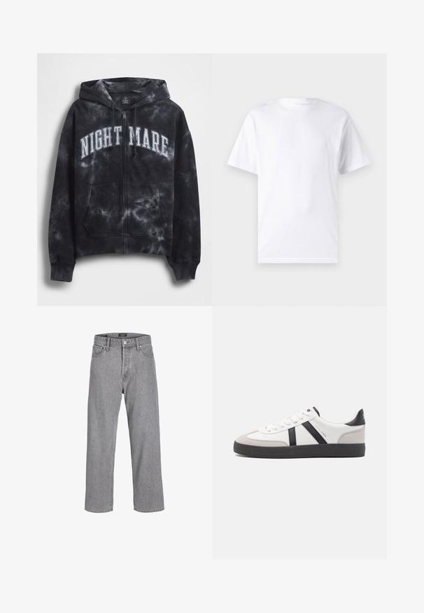 Schwarz batikfarbener Zip-Hoodie mit weißem "NIGHT MARE"-Schriftzug auf der Brust, mit Kapuze und Fronttasche. Strukturierter Stoff.; Weißes kurzärmeliges T-Shirt aus Baumwolle mit Rundhalsausschnitt, das eine glatte Textur und ein einfaches Design ohne Muster oder Akzente aufweist.; Graue Jeanshose mit einem lässigen, lockeren Schnitt. Verfügt über ein traditionelles Fünf-Taschen-Design und einen Knopfverschluss am Bund.; Weiße Sneaker mit schwarz- und grau-aczenten, ausgestattet mit einer strukturierten grauen Zehenkappe, schwarzer Gummi-Sohle und flachen weißen Schnürsenkeln. Sauberes Design, minimalistische Stil.