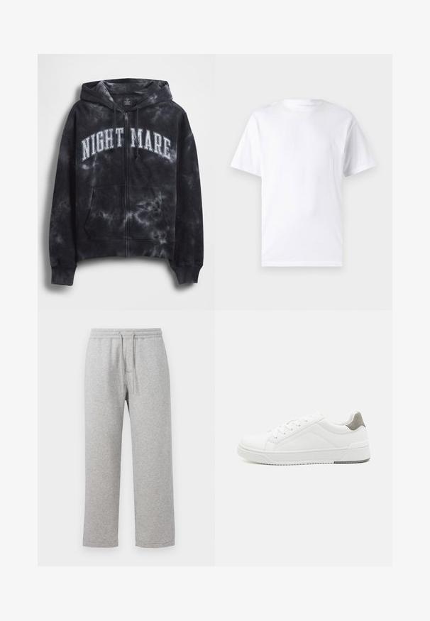 Must mustriline zip-up dressipluus valgete "NIGHT MARE" tähtedega üle rinna, kapuutsi ja esitaskuga. Tekstuuriga kangas.; Valge lühikeste varrukatega T-paita, mis on valmistatud puuvillast, laheda kaelusega. T-särk on sileda tekstuuri ja lihtsa disainiga, ilma mustrite või aksessuaarideta.; Hallid puuvillased dressipüksid, elastse vöökoha ja paelaga. Sirge lõikega sääred, õmmeldud äärtega ning ilma taskuteta.; Valge tenniseking sileda nahaga, ümar varvas, minimalistlik disain, hall kand, ja tekstureeritud kummist tald.