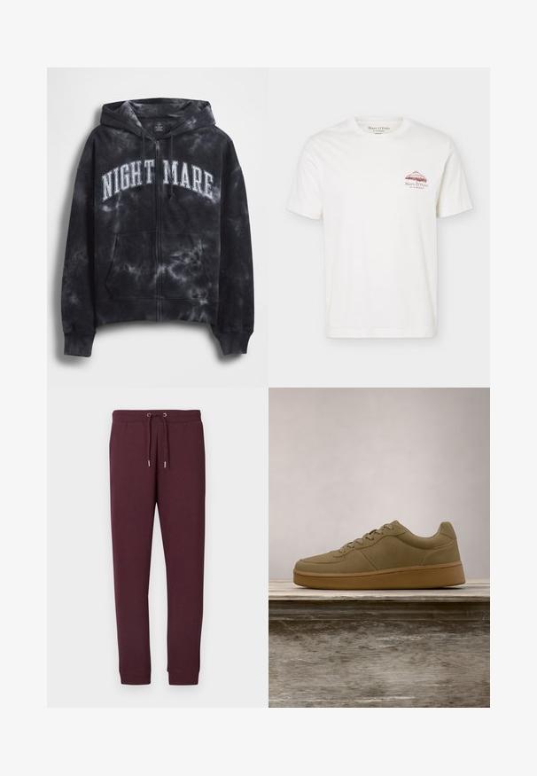 Sort tie-dye hættejakke med lynlås og teksten "NIGHT MARE" i hvid tværs over brystet, med hætte og frontlomme. Tekstureret stof.; Hvid T-shirt med korte ærmer med en lille brun stråparaply og teksten "Marc O'Polo EST IN STOCKHOLM" trykt på venstre bryst.; Vinrøde joggingbukser lavet af blødt stof, med elastisk taljebånd med snøre og ribstrikkede manchetter ved anklene. Ingen lommer.; Olivengrøn sneaker med snørebånd, der svæver over en træbænk, med sløret grønt løv i baggrunden.
