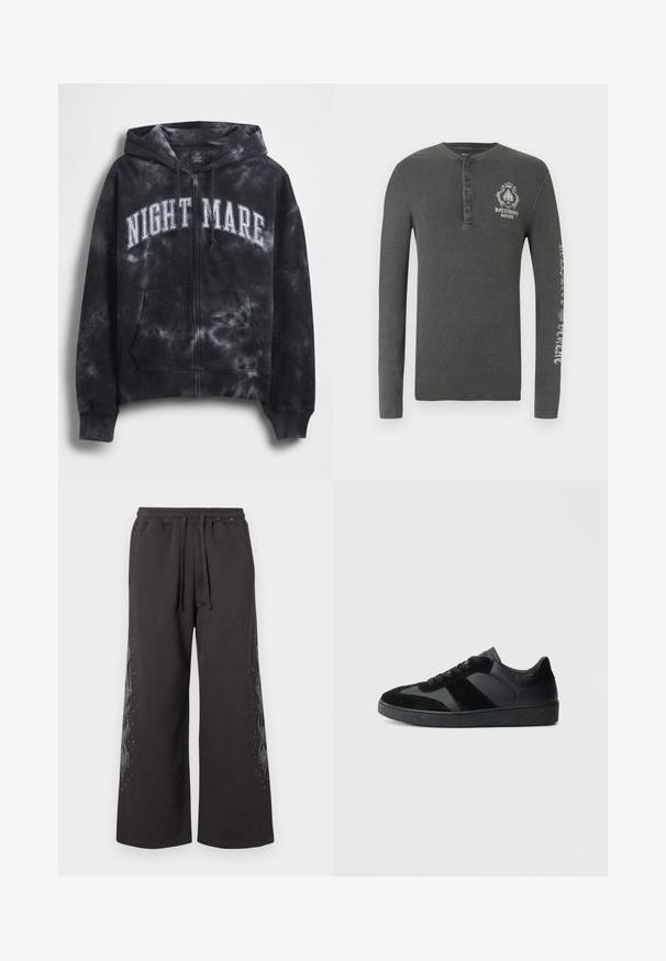Schwarz batikfarbener Zip-Hoodie mit weißem "NIGHT MARE"-Schriftzug auf der Brust, mit Kapuze und Fronttasche. Strukturierter Stoff.; Langarm-Henley-Shirt aus dunkelgrauem Waffle-Knit, mit einem Knopfverschluss und Grafikdruck auf der Brust und dem Ärmel.; Schwarze, weit geschnittene Sweatpants mit elastischem Bund, verziert mit einem grauen Flammendesign an der Seite, akzentuiert mit kleinen Strasssteinen.; Schwarze Sneaker aus einer Mischung von glattem Leder und Wildleder, mit einer strukturierten schwarzen Gummisohle und dezenten Streifendetails.