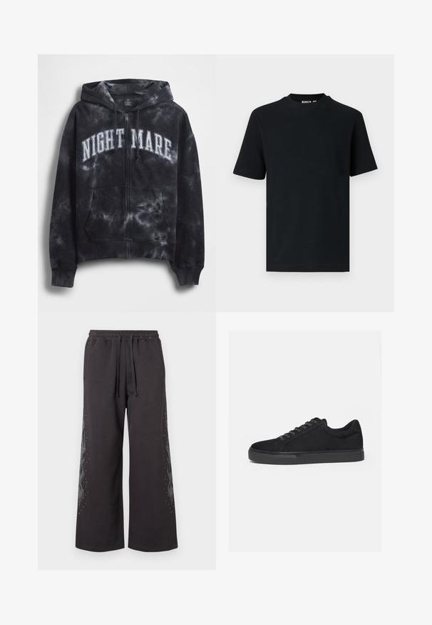Sort tie-dye hættejakke med lynlås og teksten "NIGHT MARE" i hvid tværs over brystet, med hætte og frontlomme. Tekstureret stof.; Sort kortærmet ribstrikket T-shirt med rund hals og et lille synligt mærke indeni kraven.; Sorte, bredbenede sweatpants med elastisk talje, med en flammendesign på siden i grå, prydet med små rhinsten.; Sort lavtop sneaker med snørelukning foran og flad gummisål, vist fra siden på en hvid baggrund.