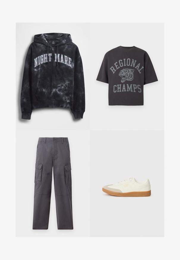Sort tie-dye hættejakke med lynlås og teksten "NIGHT MARE" i hvid tværs over brystet, med hætte og frontlomme. Tekstureret stof.; Sort kortærmet skjorte med rund hals, med et brølende tiger-grafik og grå tekst "REGIONAL CHAMPS" på fronten.; Hollister Co. SKATER BAGGY - Cargobukser - grey; Sneaker lavet af hvid læder med en beige tåhætte og let brunt gummisål. Har flade hvide snørebånd og prægede branding på siden.
