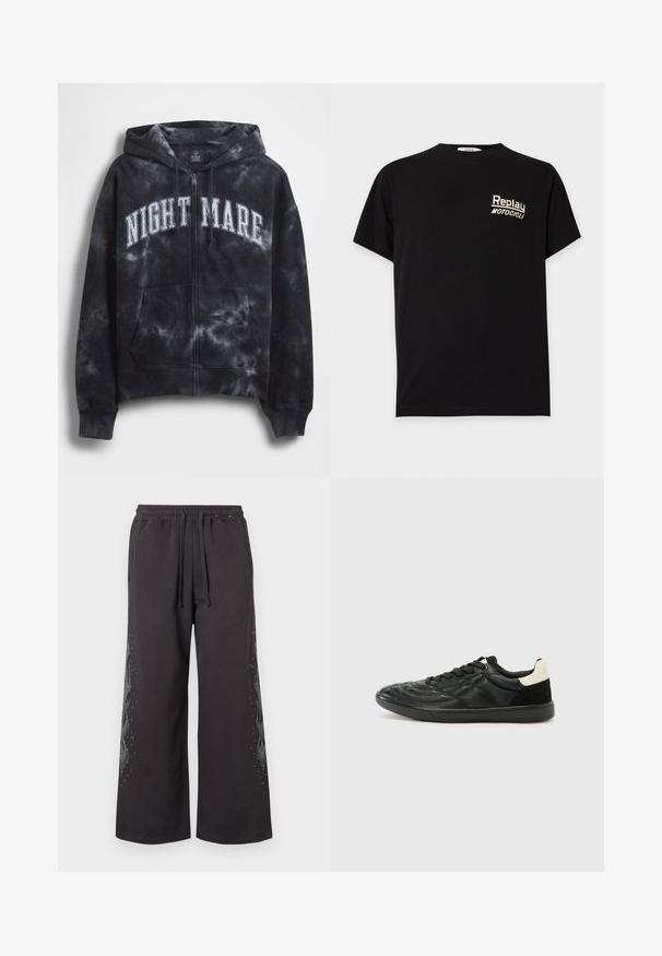 Zwarte tie-dye zip-up hoodie met de tekst "NIGHT MARE" in wit over de borst, voorzien van een capuchon en een zak aan de voorkant. Gestructureerde stof.; Zwart T-shirt met korte mouwen met "Replay Motocicli" in het wit gedrukt op de linkerborst.; Zwarte wijde sweatpants met een elastische tailleband, voorzien van een vlamontwerp aan de zijkant in het grijs, verfraaid met kleine rhinestones.; ALDO THEPITCH - Sneakers laag - black