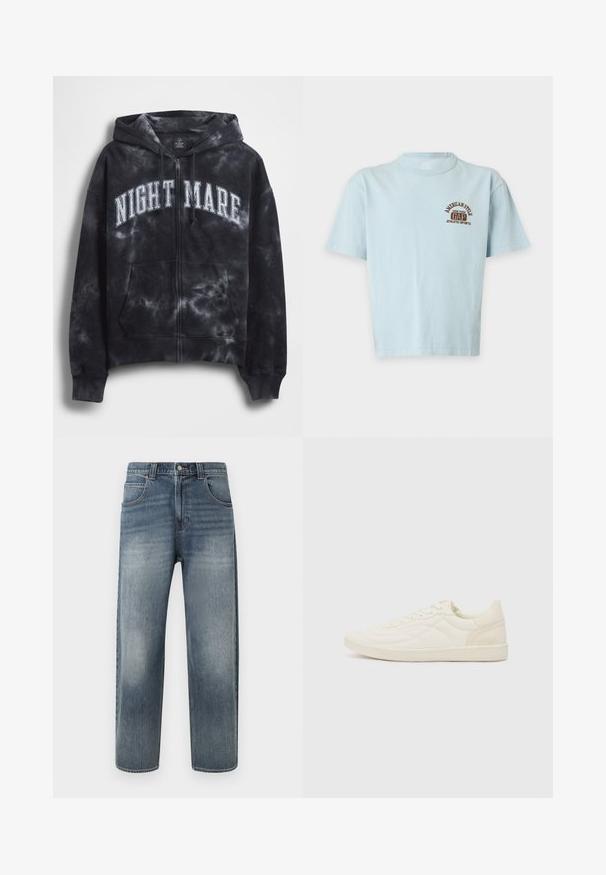 Sweat à capuche zippé tie-dye noir avec le texte "NIGHT MARE" en blanc sur la poitrine, doté d'une capuche et d'une poche avant. Tissu texturé.; T-shirt bleu clair à manches courtes avec logo "American Style GAP New York Athletic Sports" marron sur le haut de la poitrine gauche. Aucun objet en arrière-plan.; Jean en denim bleu clair à coupe droite, doté de cinq poches, d'une braguette zippée et d'un léger effet délavé sur les jambes. Fini avec des accents de couture.; ALDO THEPITCH - Baskets basses - white