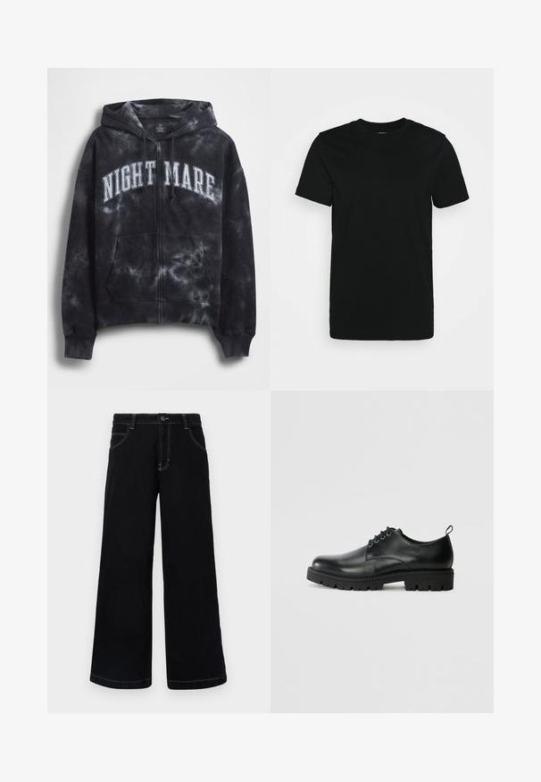 Sudadera con capucha con cremallera y diseño de teñido anudado negro, con el texto "NIGHT MARE" en blanco en el pecho, que cuenta con capucha y bolsillo frontal. Tejido texturizado.; Camiseta negra de manga corta hecha de algodón suave, con cuello redondo y un diseño sencillo sin estampados ni acentos.; Pantalones de mezclilla negros de pierna ancha, con cierre de botón, cinco bolsillos y costuras en contraste de color blanco a lo largo de las costuras.; Zapato de cuero negro con punta redonda, que presenta un diseño de cordones, suela negra de goma resistente y una pequeña lengüeta en el talón.