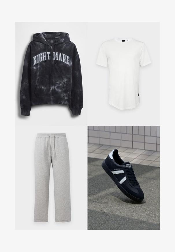 Sort tie-dye hættejakke med lynlås og teksten "NIGHT MARE" i hvid tværs over brystet, med hætte og frontlomme. Tekstureret stof.; Hvid kortærmet t-shirt lavet af bomuld, med rund halsudskæring og en let forlænget ryg, samt en lille logoaccent på siden.; Grå bomulds sweatpants med elastisk talje og snoretræk. Lige ben med syede kanter og ingen lommer.; Sort lædersneaker med hvide striber, tekstureret gummisål og snørrebånd foran. Har et brandet mærke på tungen.