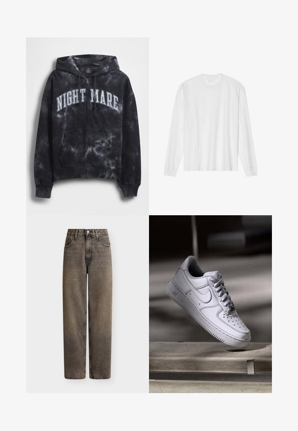 Sort tie-dye hættejakke med lynlås og teksten "NIGHT MARE" i hvid tværs over brystet, med hætte og frontlomme. Tekstureret stof.; Hvid, langærmet t-shirt i bomuld med rund hals, med ribbede ærmeafslutninger og en lige kant, glat tekstur og minimalistisk design.; Høj talje, lige-ben, falmet sorte denimjeans med forreste knaplukning, lynlås og fem-lomme design på en ensfarvet baggrund.; Hvid læder Nike Air Force 1 sneaker med perforeret tå, flade snørebånd og tekstureret gummisål med "AIR" branding på siden.