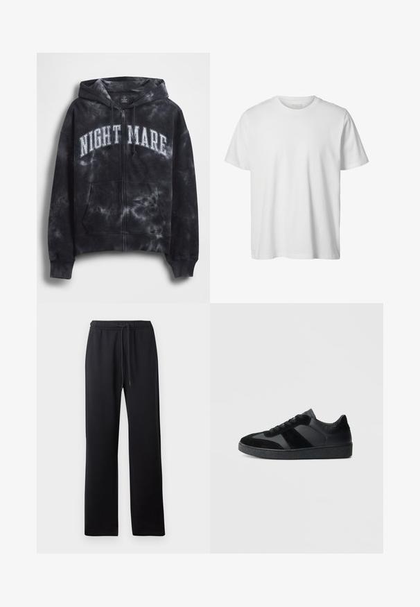 Zwarte tie-dye zip-up hoodie met de tekst "NIGHT MARE" in wit over de borst, voorzien van een capuchon en een zak aan de voorkant. Gestructureerde stof.; Eenvoudig wit T-shirt met korte mouwen en ronde hals, losse pasvorm en zonder zichtbare logo's of ontwerpen aan de voorkant.; Abercrombie & Fitch ESSENTIAL BAGGY OPEN HEM CASUAL - Trainingsbroek - black; Zwarte sneakers met een mix van glad leer en suède, een gestructureerde zwarte rubberen zool en subtiele streepdetails.
